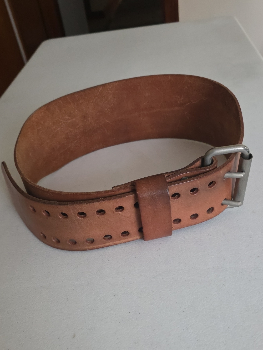 Men's Wide Brown Leather Double-Prong Workout Belt